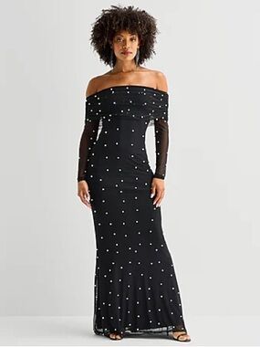 Black Off-Shoulder Pearl-Studded Evening Gown